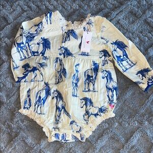 Pink chicken Cream and Blue Horse Print Baby Romper